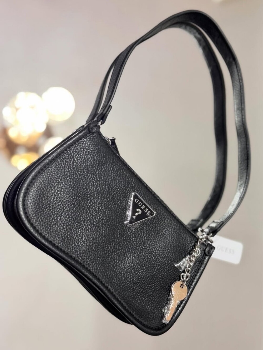 GUESS Black Pebbled Shoulder Bag with Silver Charm